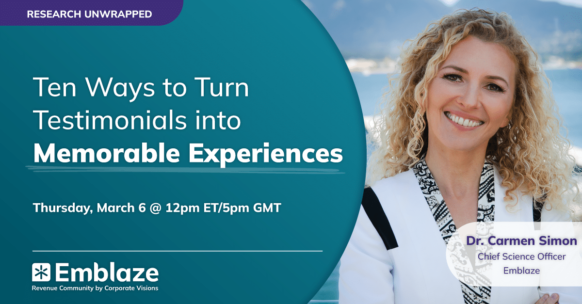 Picture of Dr. Carmen Simon and information about the webinar titled Ten Ways to Turn Testimonials into Memorable Experiences, which is on March 6, 2025 at 12pm ET