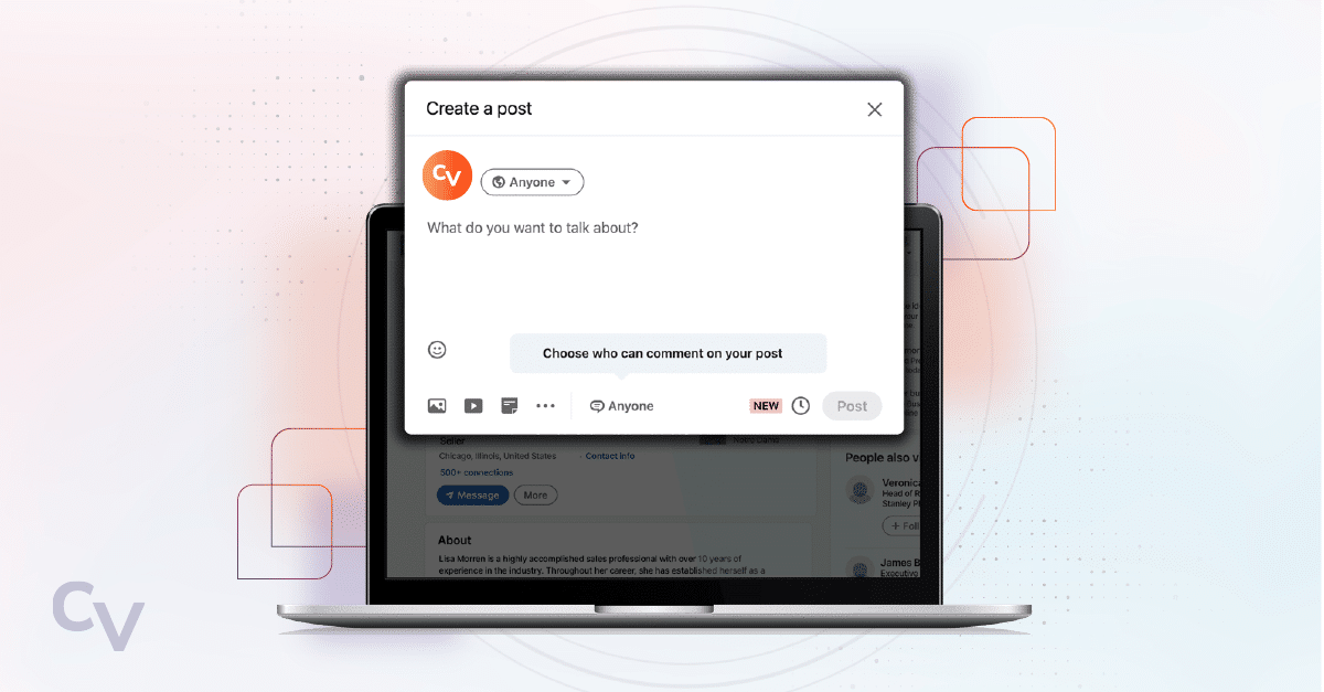 Laptop Computer with open window showing a place to start a social post.