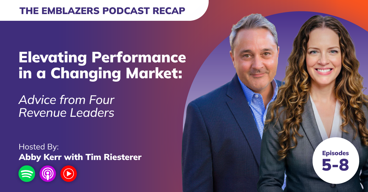 Elevate Perfomance in a Changing Market: Advice from our Revenue Leaders--title for article that recaps first four episodes on season two of the podcast. Title and pictures of host Abby Kerr and Tim Riesterer on purple background