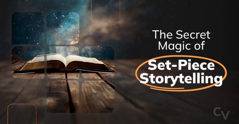 Magic spell book next to the title The Secret Magic of Set-Piece Storytelling