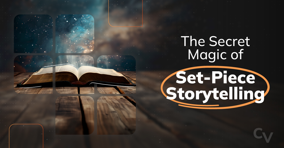 Magic spell book next to the title The Secret Magic of Set-Piece Storytelling