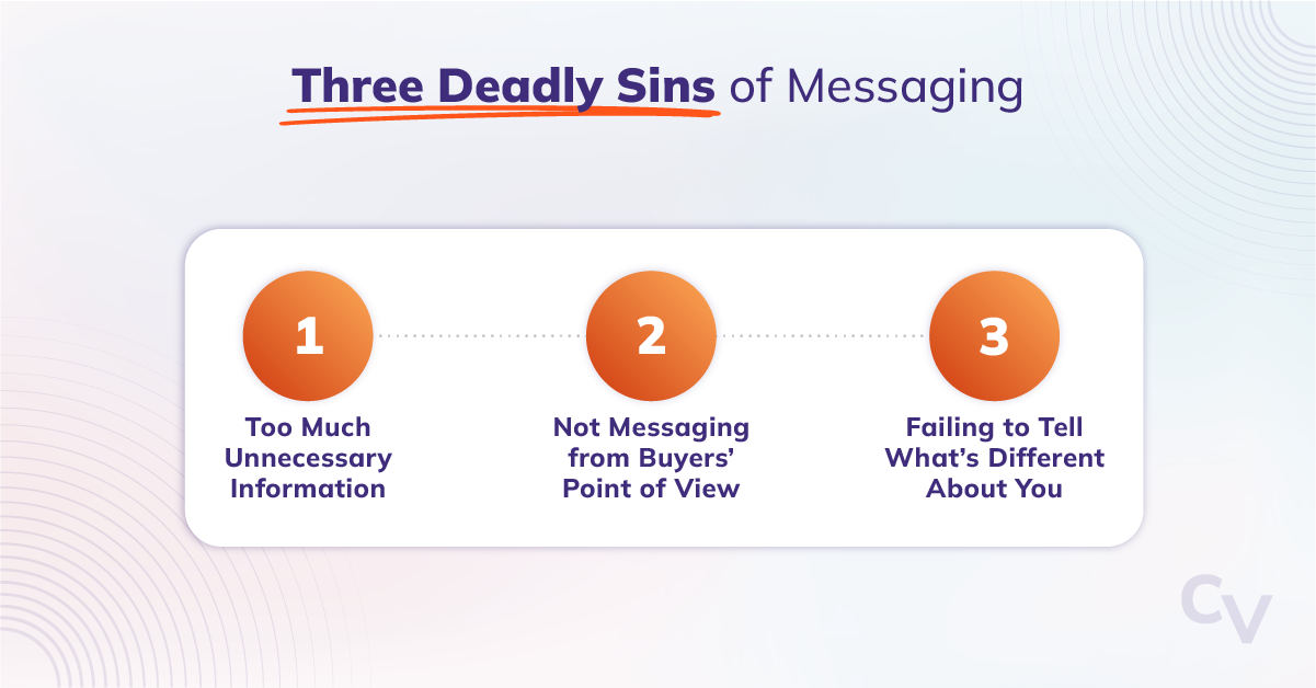 Three deadly sins of messaging--1. Too Much Unnecessary Information, 2. Not Messaging from Buyers' Point of View, 3. Failing to Tell What's Different About You