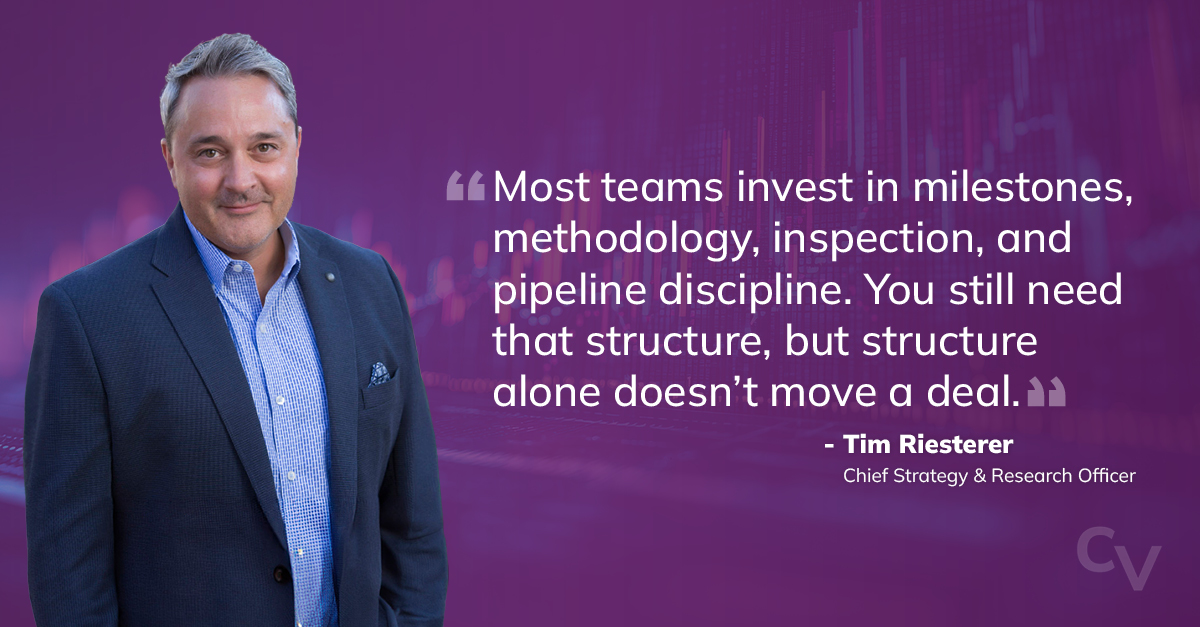 Tim Riesterer image next to his quote, "Most teams invest in milestones, methodology, inspection, and pipeline discipline. You still need that structure, but structure alone doesn’t move a deal.”