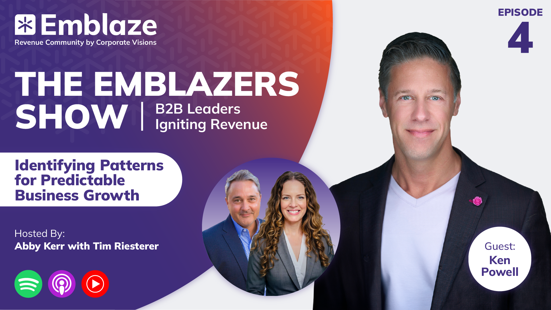 Emblazers Show season 3 episode 4 graphic with title Identifying Patters for Predictable Business Growth with a picture of the guest Ken Powell