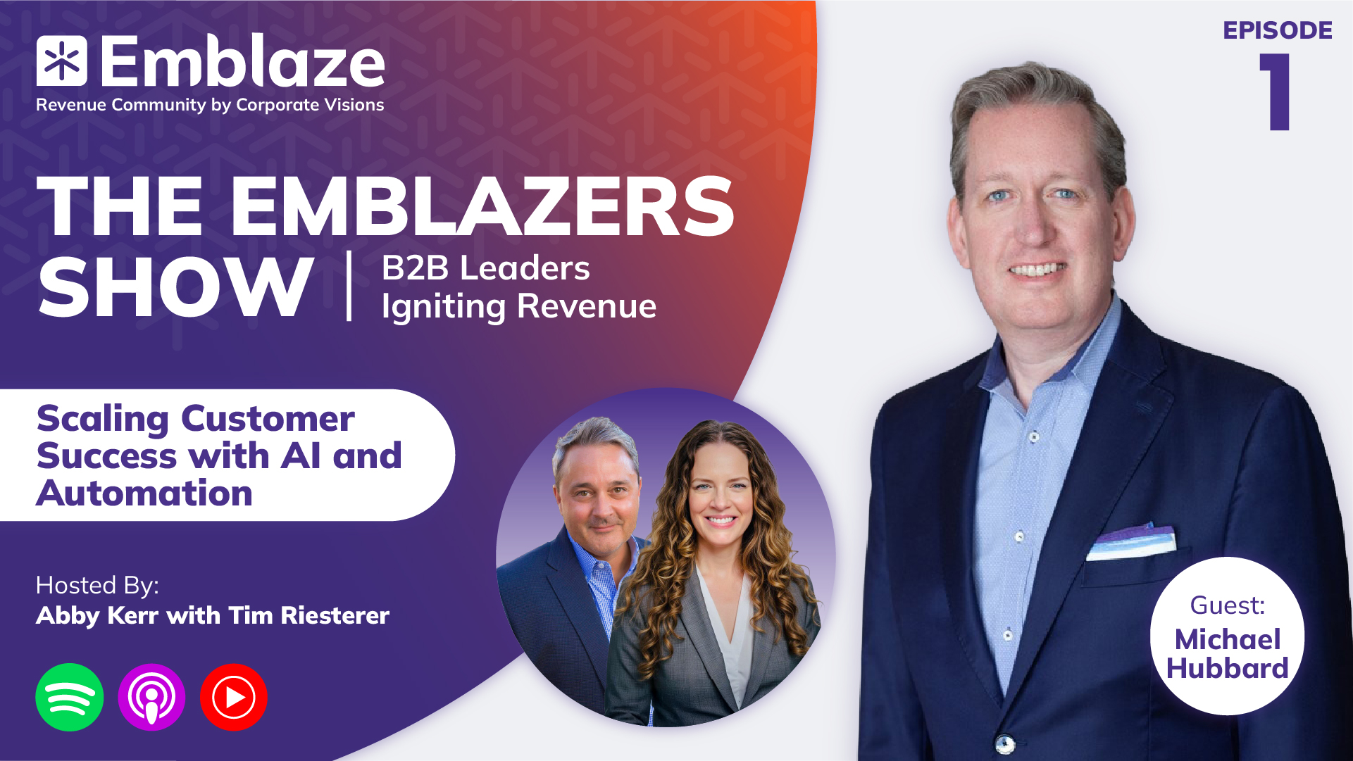 Emblazers Show season 3 episode 1 graphic with title Scaling Customer Success with AI and Automation with a picture of the guest Michael Hubbard