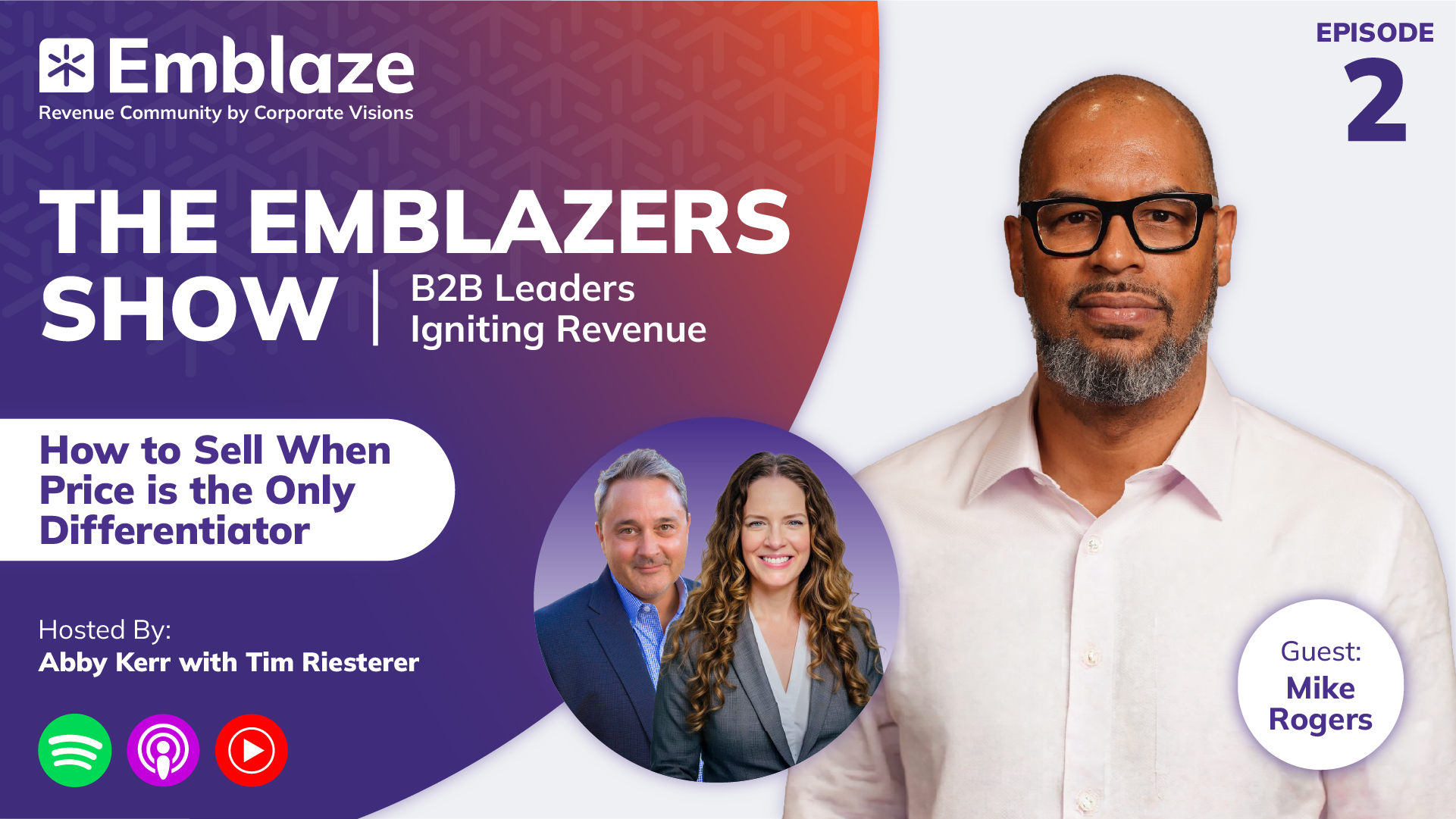 Emblazers Show season 3 episode 2 graphic with title How to Sell When Price if the Only Differentiator with a picture of the guest Mike Rogers