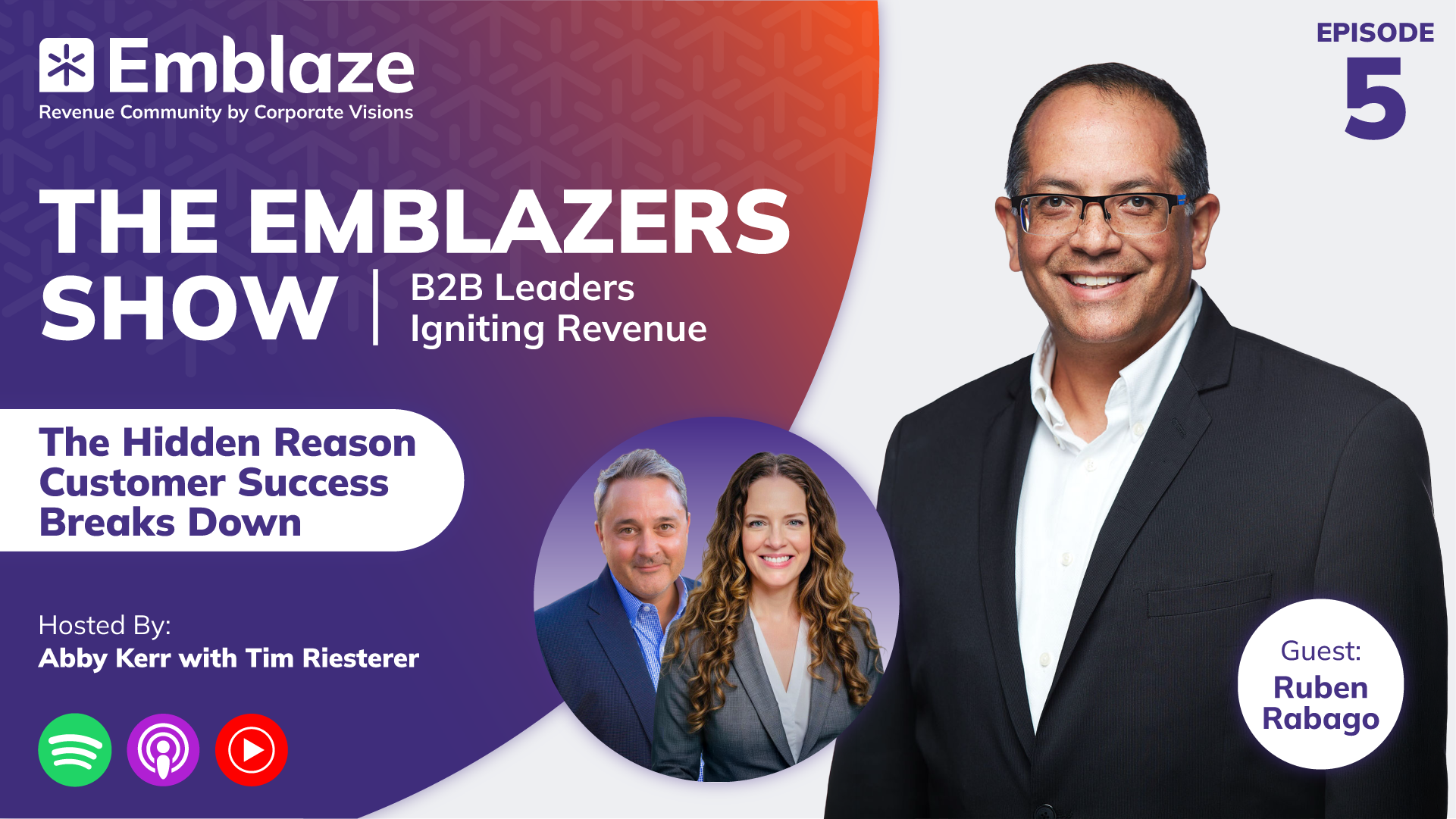Season 3, Episode 5 graphi for the The Emblazers show: The Hidden Reason Customer Success Breaks Down - Ruben Rabago, Founder and Chief Advisor, Customer Revelations
