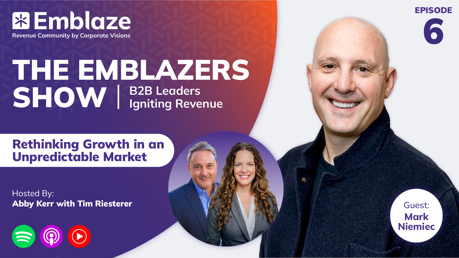 Season 3, Episode 6 graphic for the The Emblazers show: Rethinking Growth in an Upredictable Market - Mark Niemiec, Chief Revenue Officer, SAP