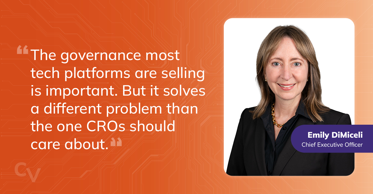 "The governance most tech platforms are selling is important. But it solves a different problem than the one CROs should care about." quote with picture of author, CEO of Corporate Visions Emily DiMiceli