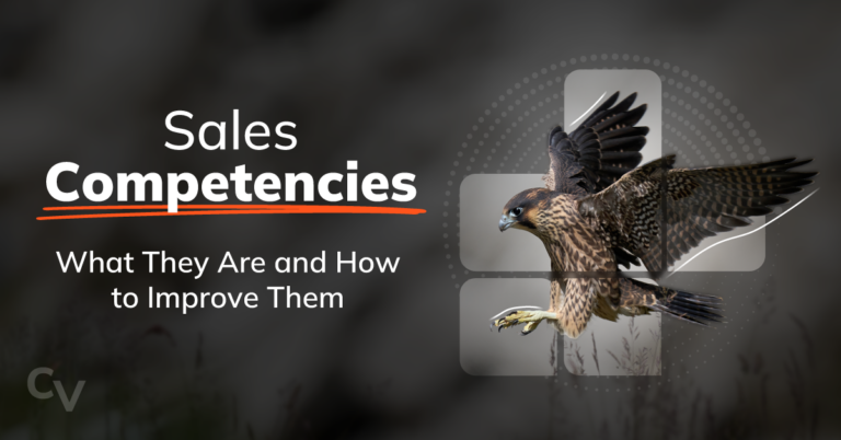 Featured image for a blog post titled ‘Sales Competencies: What They Are and How to Improve Them.’ The design shows large white text on a dark background with an orange underline beneath ‘Competencies,’ alongside a bird of prey in flight layered over rounded geometric shapes.