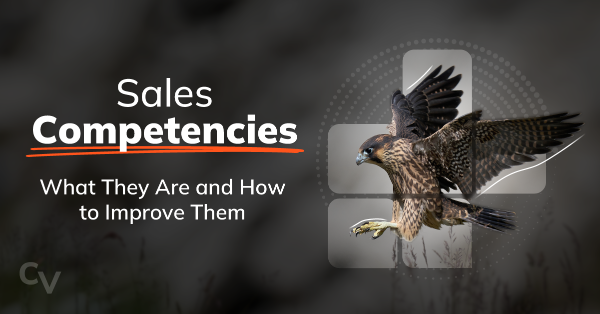 Featured image for a blog post titled ‘Sales Competencies: What They Are and How to Improve Them.’ The design shows large white text on a dark background with an orange underline beneath ‘Competencies,’ alongside a bird of prey in flight layered over rounded geometric shapes.