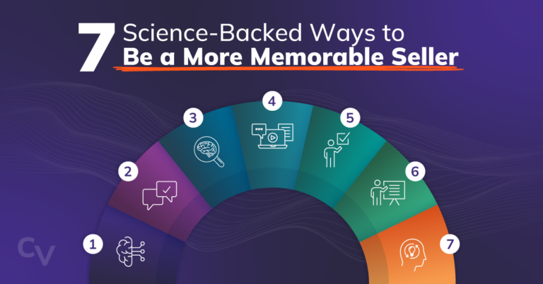 Graphic titled “7 Science-Backed Ways to Be a More Memorable Seller,” featuring a seven-section, color-gradient arc numbered 1 through 7, with each section containing an icon representing a memorability strategy.