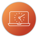 a laptop displaying an analog clock over a orange circle - Icon