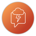 A bubble text with a cloud and a lightning on top over an orange circle - Icon